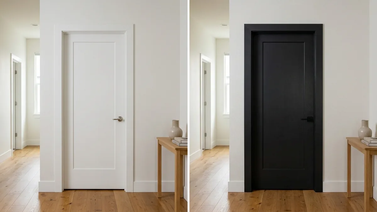 Side by side comparison of the same hallway doorway: on the left a plain white interior door, on the right the identical door and casing repainted matte black, showing how much depth the black adds