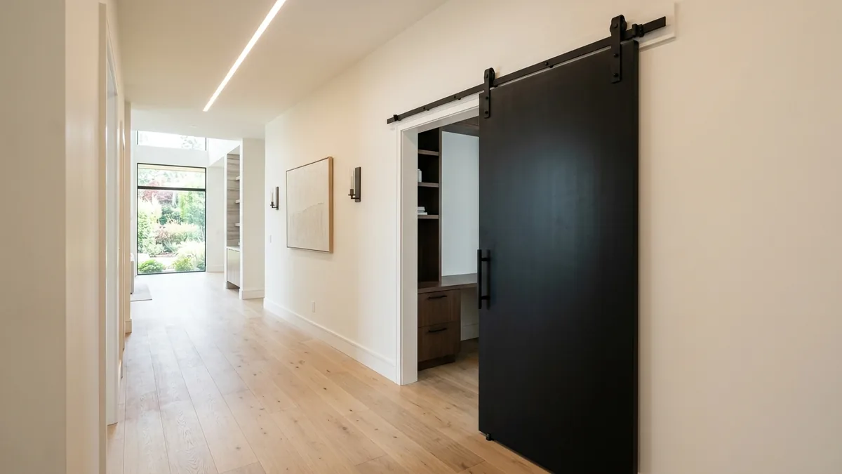 A matte black flat-panel sliding barn door on a slim black steel top track, closing off a home office nook in a bright modern hallway with warm-white walls and pale oak floors