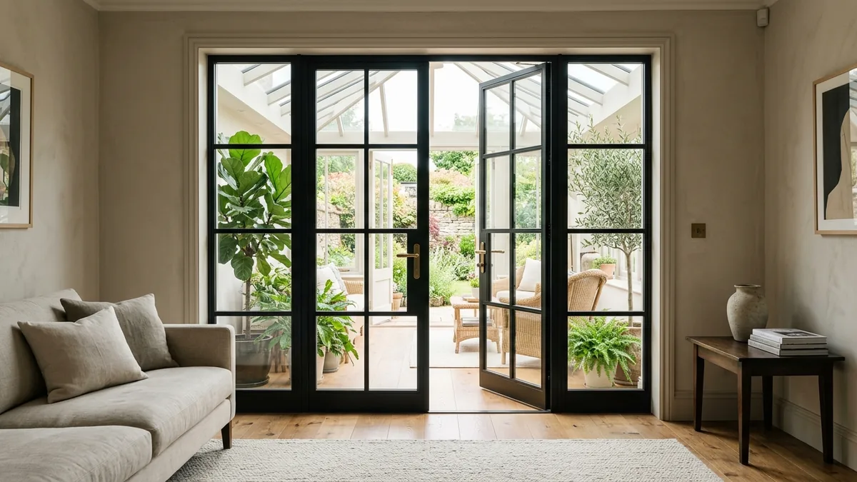 A pair of matte black French interior doors with clear glazed glass panels and aged brass handles, opening from a warm neutral living room into a bright plant-filled garden room beyond