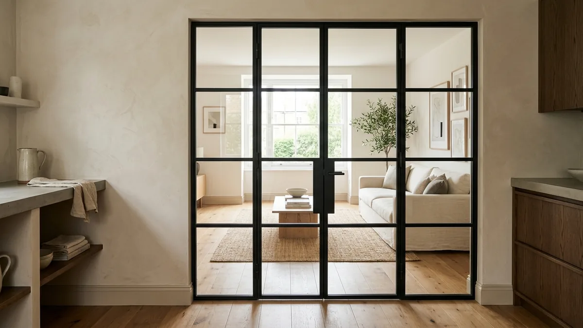 A black steel-framed Crittall-style internal glass door with a fine grid of glazing bars dividing a warm kitchen from a bright living room with a linen sofa and an olive tree beyond