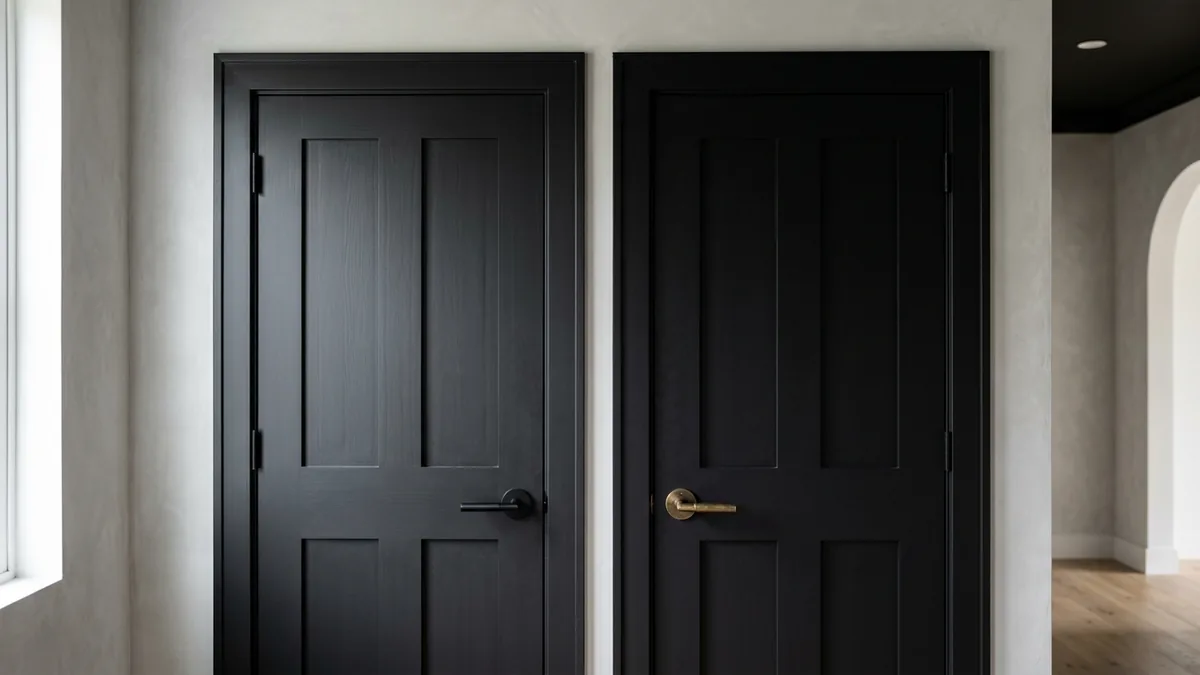 Detail comparison of two matte black interior doors side by side, one fitted with a slim matte black lever handle and the other with an aged brass lever handle, showing black versus brass hardware on black doors