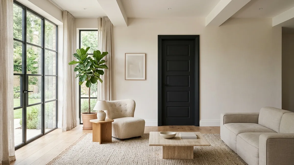 A single matte black five-panel interior door as the quiet focal point of a bright, airy modern living room with a linen sofa, a boucle armchair, a travertine coffee table, a fiddle-leaf plant and warm oak floors