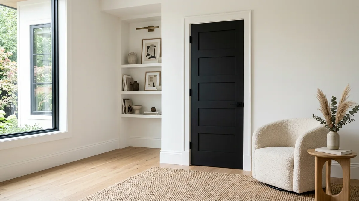 A matte black five-panel Shaker interior door with a white casing in a bright warm-white room, next to a boucle armchair, a jute rug and built-in shelving