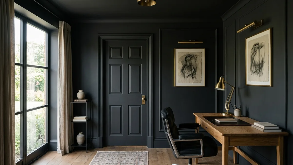 A color-drenched home office where the walls, interior door and casing are all painted the same deep matte charcoal black, warmed by a brass picture light, a brass desk lamp and a warm oak desk