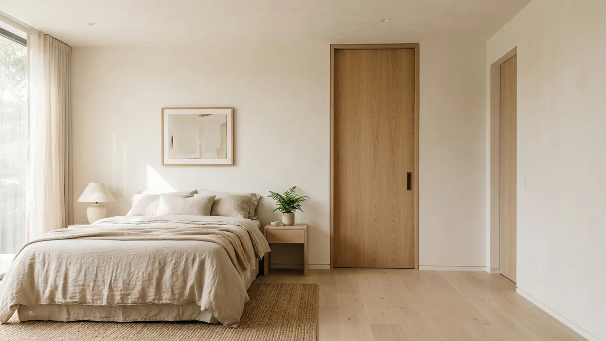 A flush natural white-oak veneer interior door with visible grain and a minimal recessed pull, set flush into a warm-white wall in a bright warm-minimalist bedroom with linen bedding