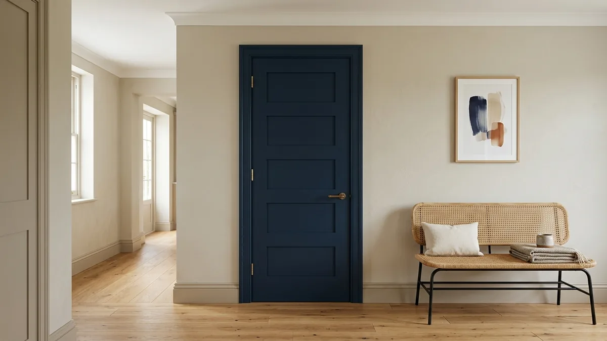 A deep navy blue five-panel interior door set into a warm greige wall, with aged brass hardware, a rattan bench and a framed navy and rust print beside it