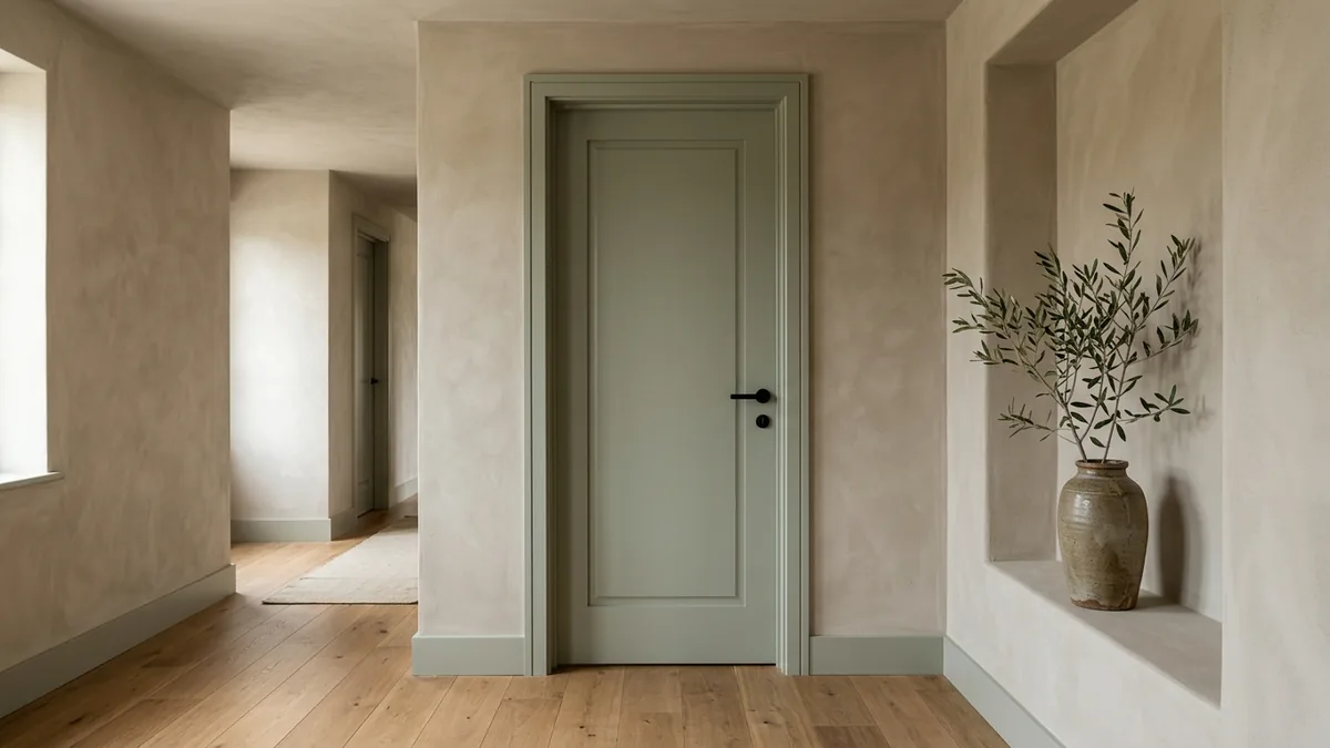 A muted sage green interior door with matte black hardware set into a warm limewash plaster wall, with an olive branch in a stoneware vase in a wall niche nearby