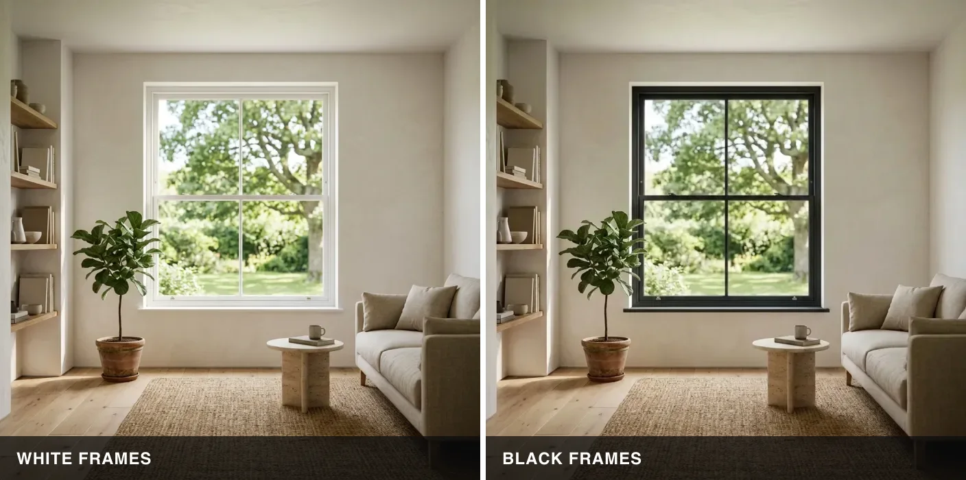 Side by side comparison of one identical living room, on the left with white window frames and on the right with black window frames, all other elements unchanged