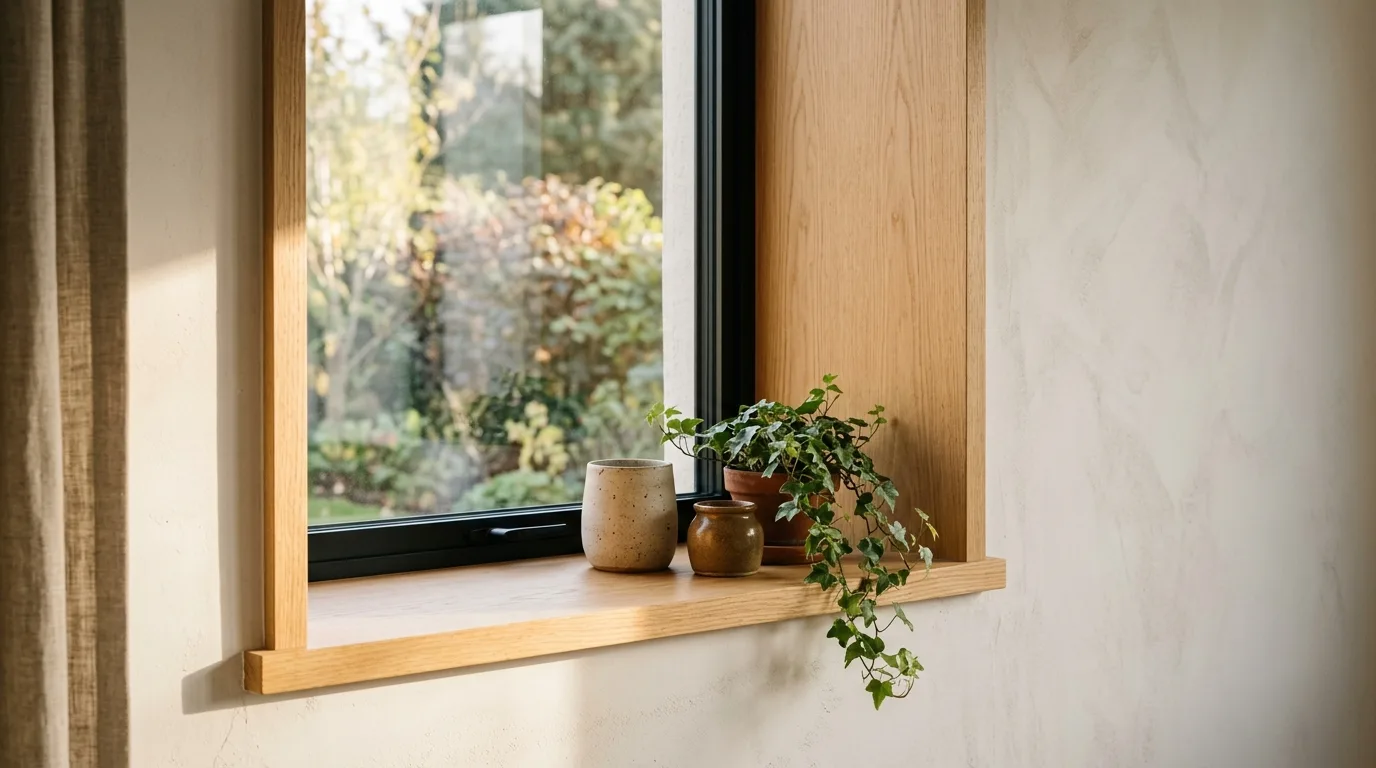 Black window frames against warm white walls with oak trim and a wooden sill, showing how timber warmth softens the contrast
