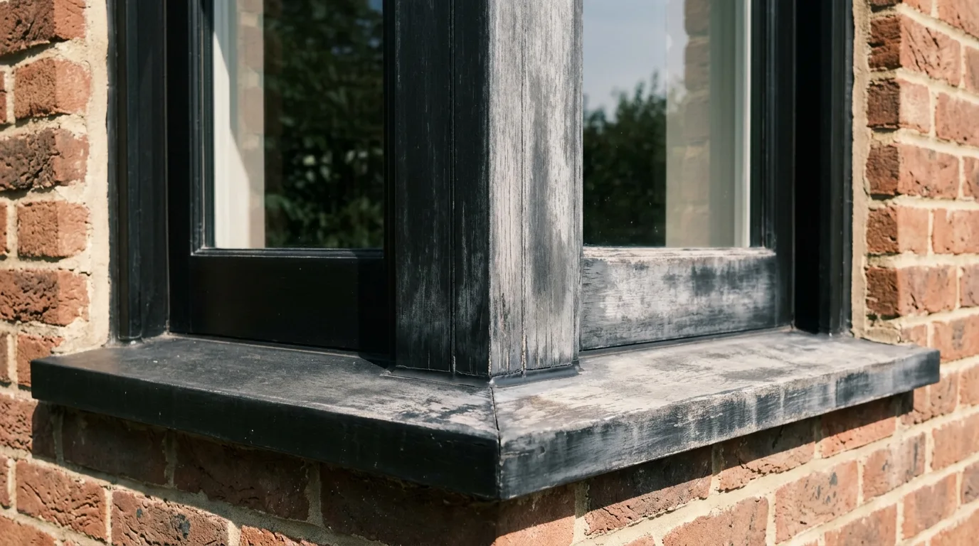Close up of a weathered black window frame showing uneven chalky grey patches where the dark pigment has faded unevenly in sunlight