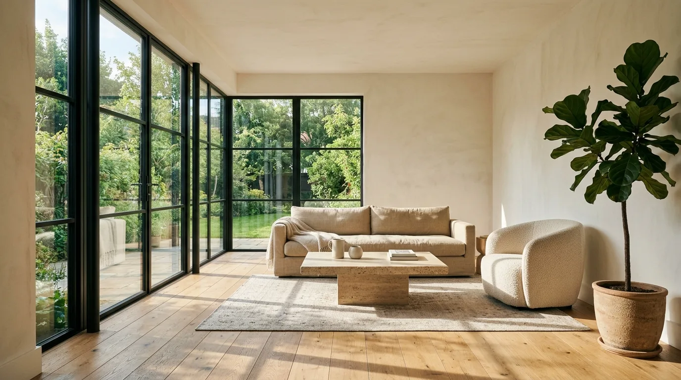 A bright living room with tall black framed windows, warm white walls, oak flooring, a linen sofa and a large leafy plant, afternoon light falling across the floor