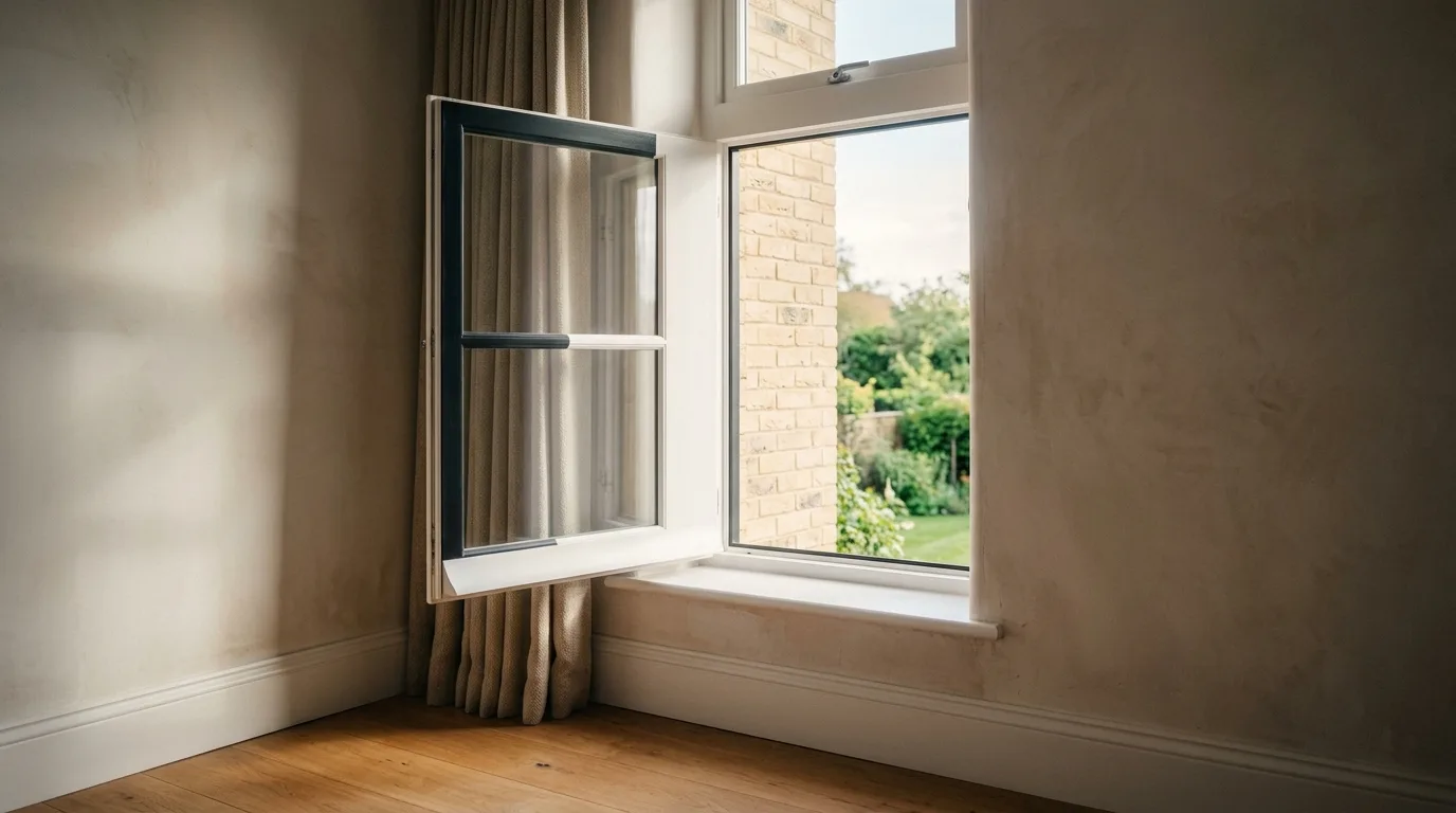 A window seen from inside with a white interior frame, with the black exterior frame visible through the glass against pale brickwork