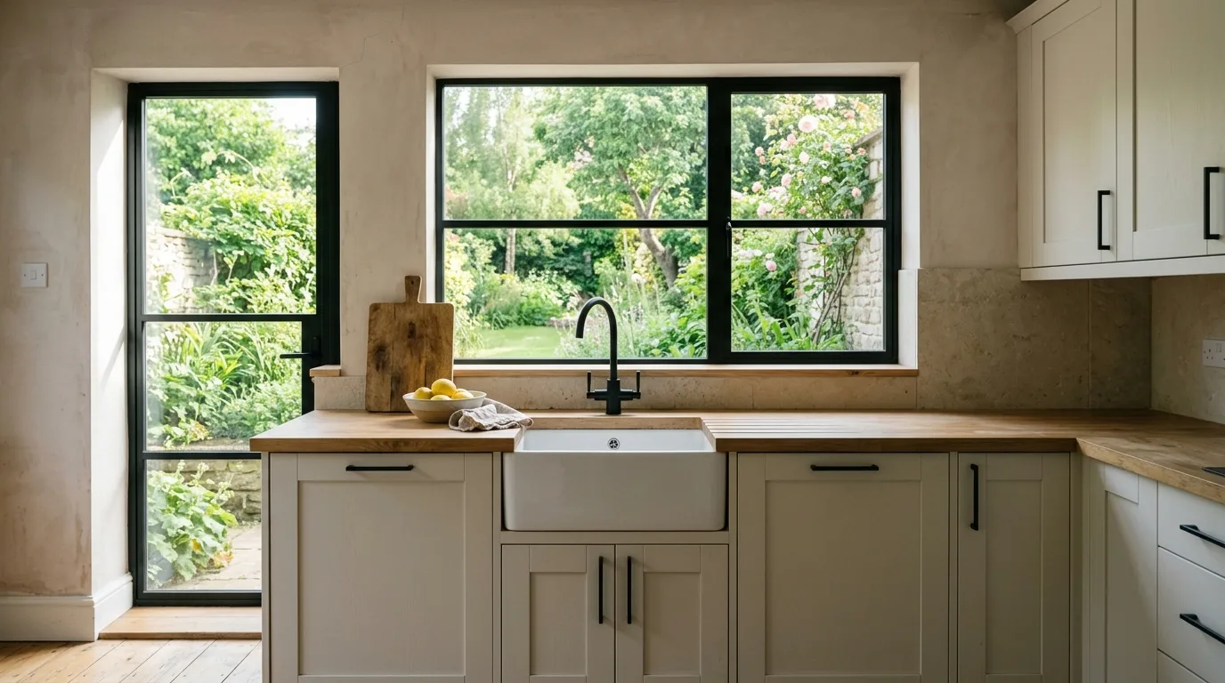 A kitchen window above the sink with a slim black frame, matching black tap and cabinet handles, warm white walls and a light timber worktop