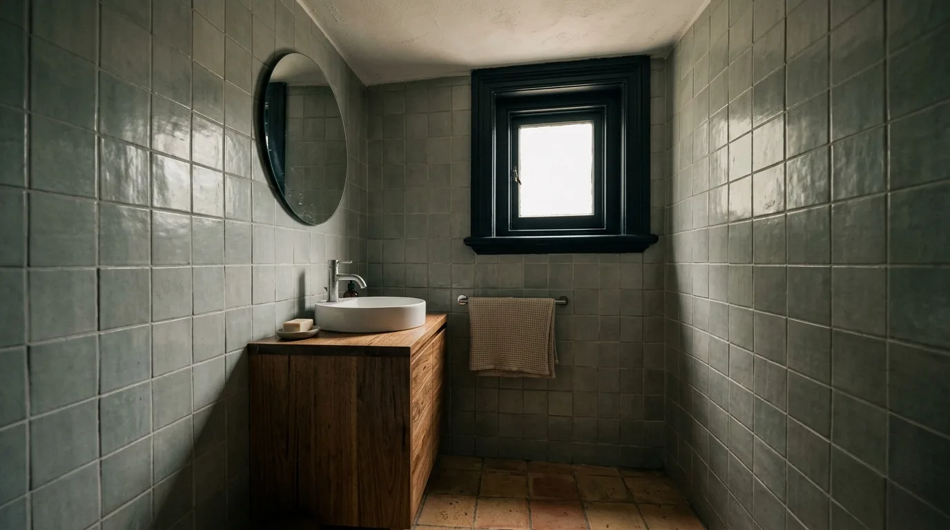 A small north facing bathroom window with a heavy black frame in a dim room, the frame visually shrinking an already small opening