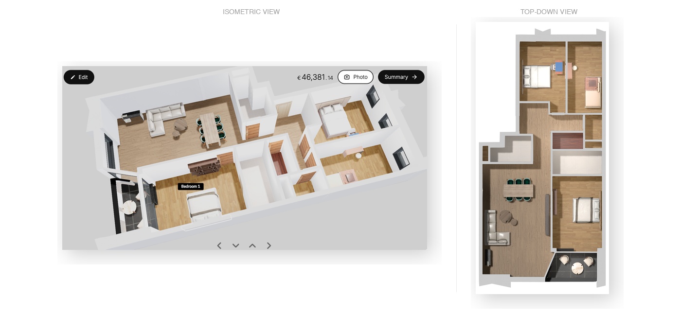 Interactive 3D isometric and top-down views of furnished apartment in MeltFlex room planner showing real furniture prices