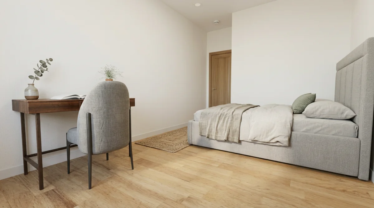 AI-furnished bedroom with desk, chair and bed in warm minimalist style