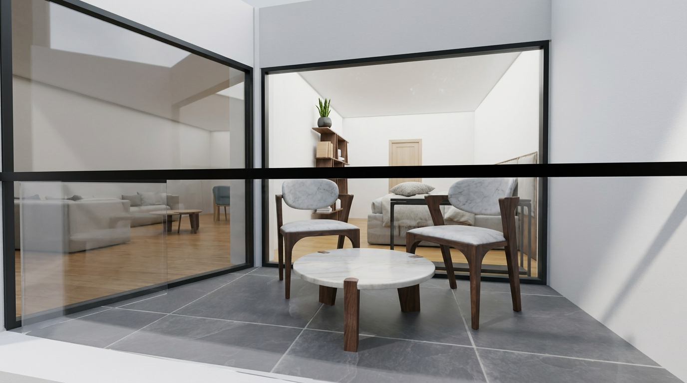 AI-designed terrace with marble table and chairs viewed through glass windows