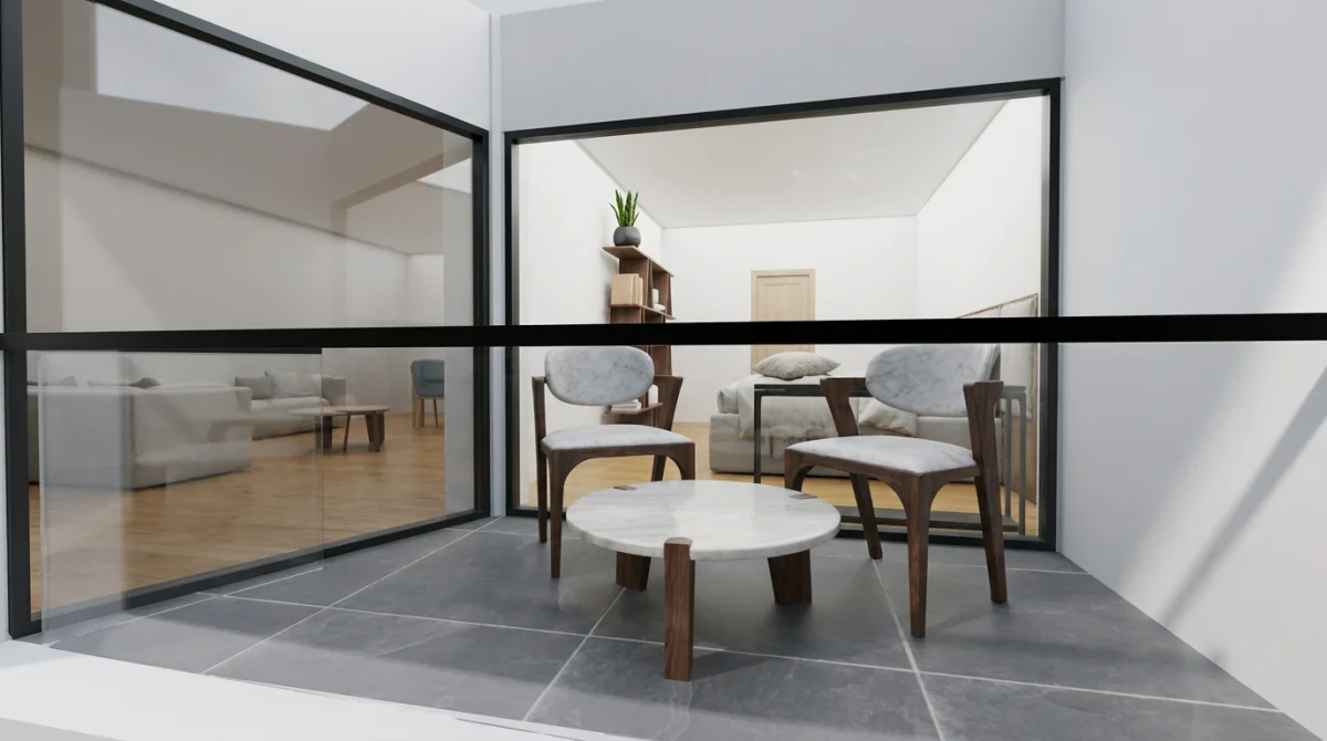 AI-designed terrace with marble table and chairs viewed through glass windows