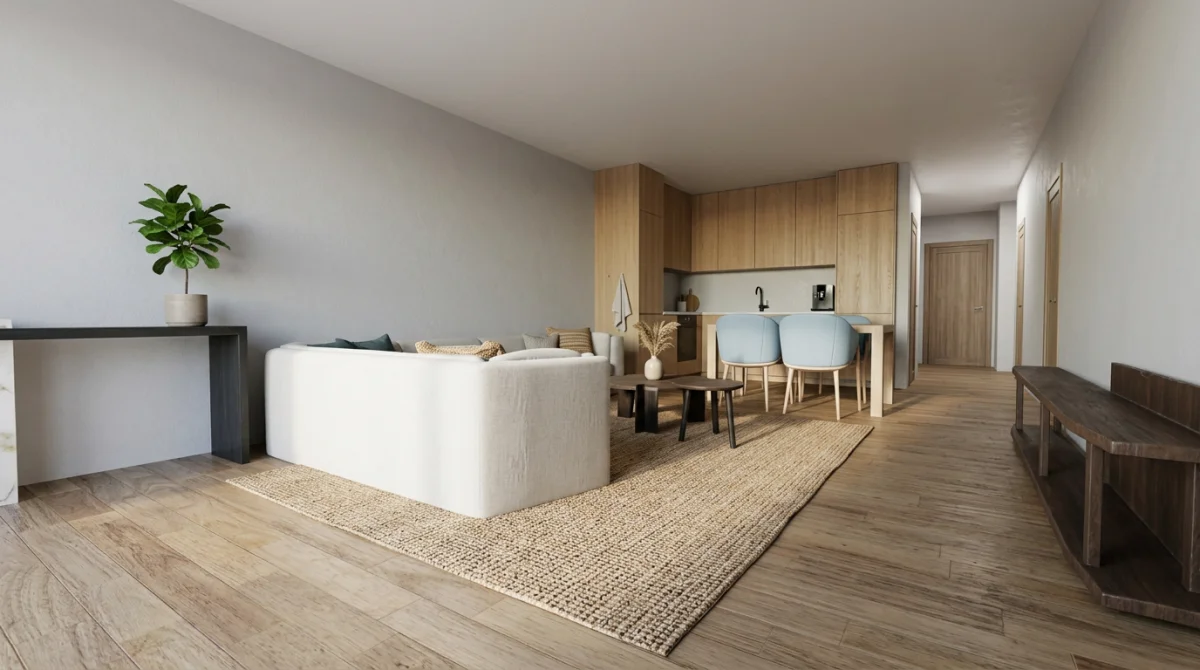 AI-designed living room with Scandinavian furniture, sofa, dining area and kitchen