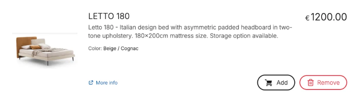 MeltFlex AI furniture selection for bedroom, Letto 180 Italian design bed with asymmetric padded headboard in beige and cognac, priced at 1200 euros