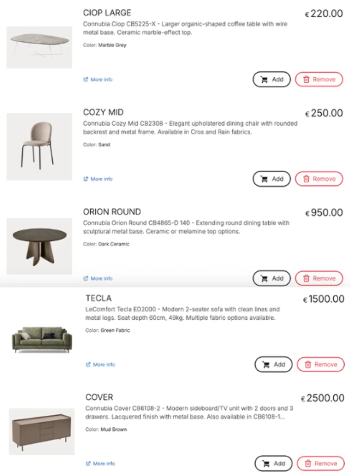 MeltFlex AI furniture selection for living room, Ciop Large marble coffee table, Cozy Mid dining chair, Orion Round extending table, Tecla green sofa, Cover sideboard with real prices