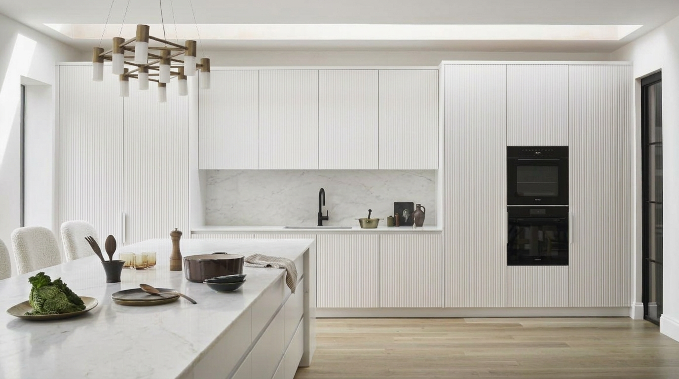 All-white minimalist kitchen design with fluted cabinet panels, marble countertop island, and modern brass chandelier demonstrating warm minimalism trend
