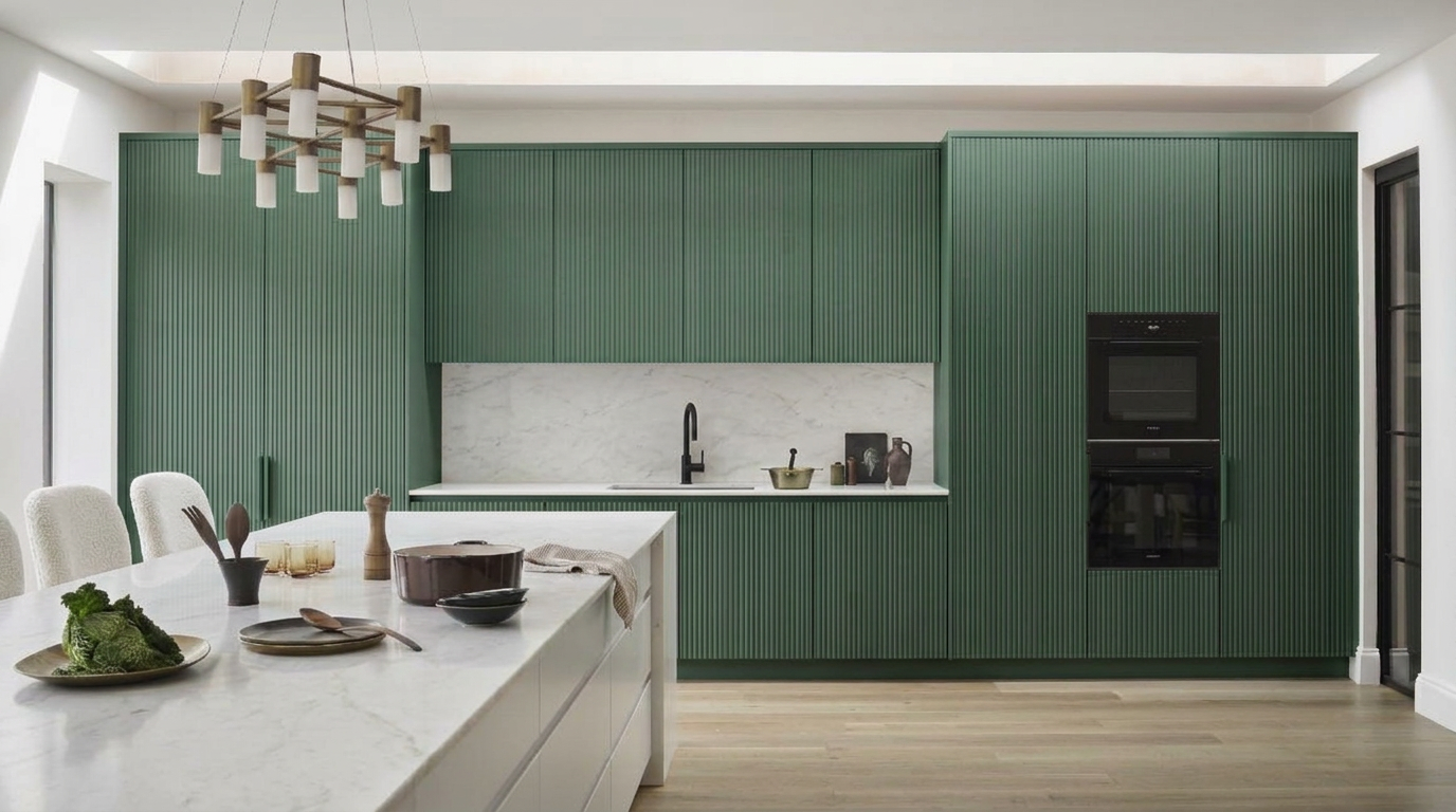 Deep forest green kitchen cabinets with white marble countertop island, fluted panel details, and brass chandelier showing bold color kitchen design trend 2026