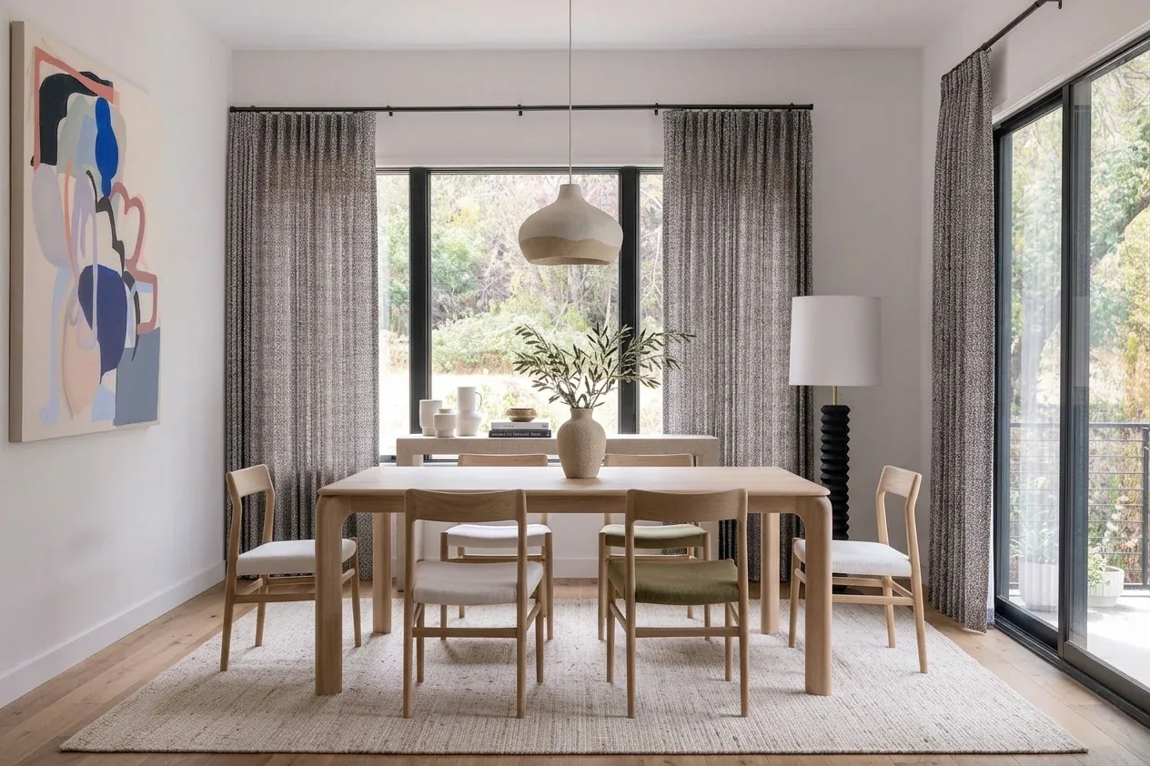 AI-designed Scandinavian dining room with wooden table, chairs, pendant light, and wall art