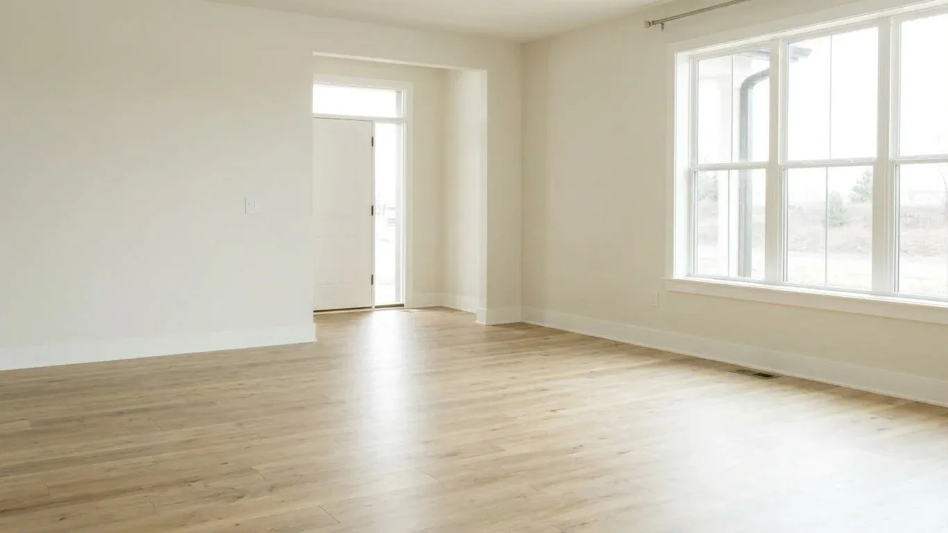 Empty room with hardwood floors and large windows used for testing all 9 room designer tools