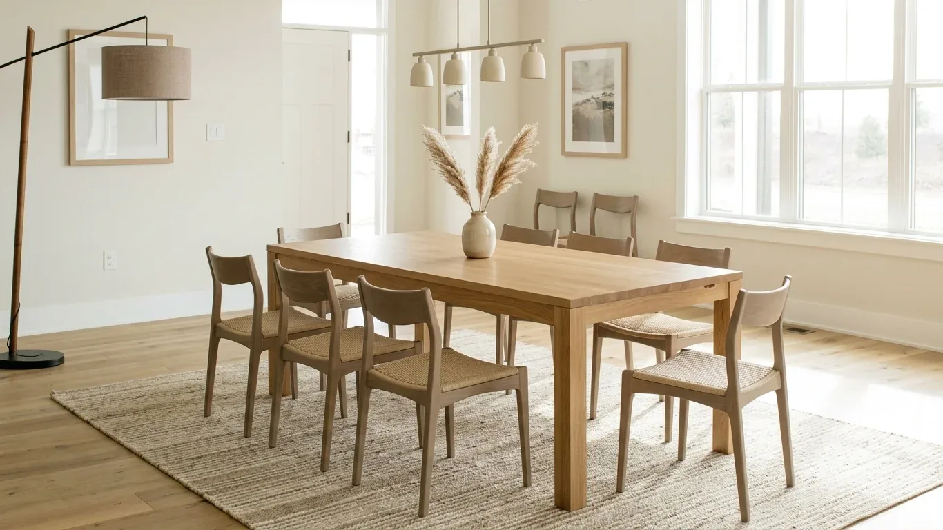 Same empty room redesigned by MeltFlex AI as a Scandinavian dining room with oak table and pendant lighting