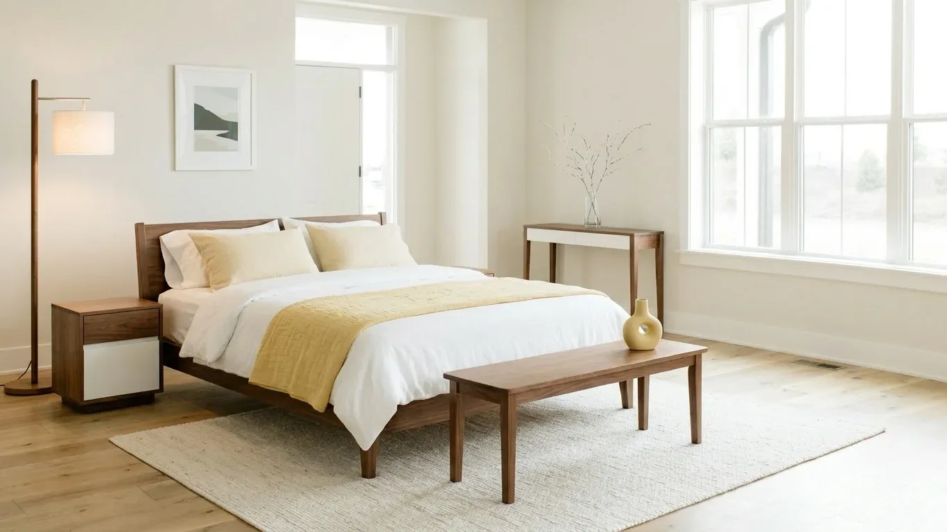 Same empty room redesigned by MeltFlex AI as a mid-century modern bedroom with walnut bed frame
