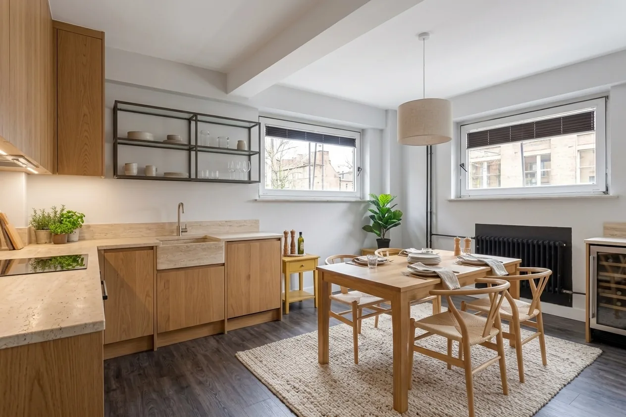 Scandinavian kitchen-dining room with oak cabinets, open shelving, farmhouse sink, and wooden dining table