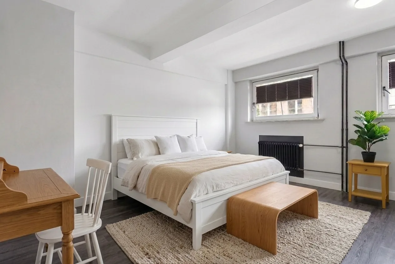 White farmhouse bedroom with natural linen bedding, jute rug, wooden desk, and warm beige accents