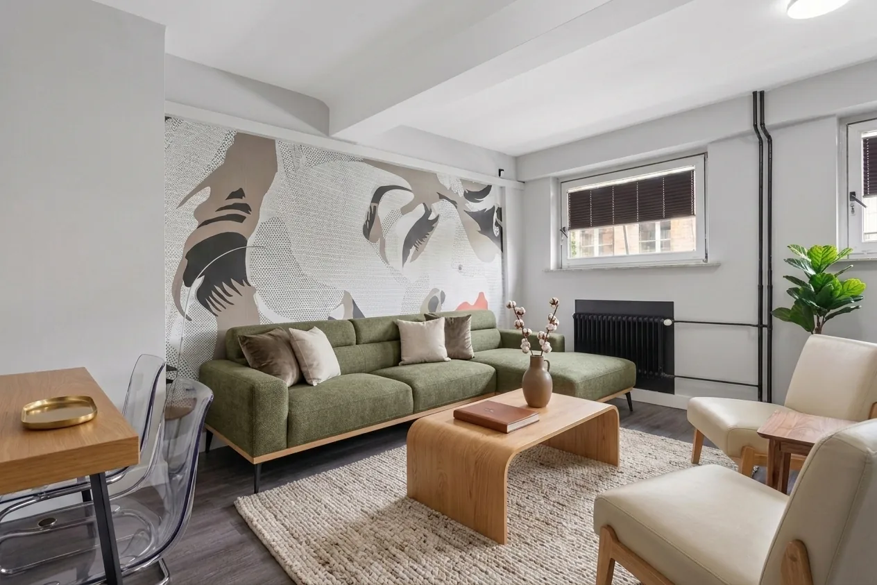 Living room with large abstract mural accent wall, green sofa, and minimalist furniture — bold interior design idea