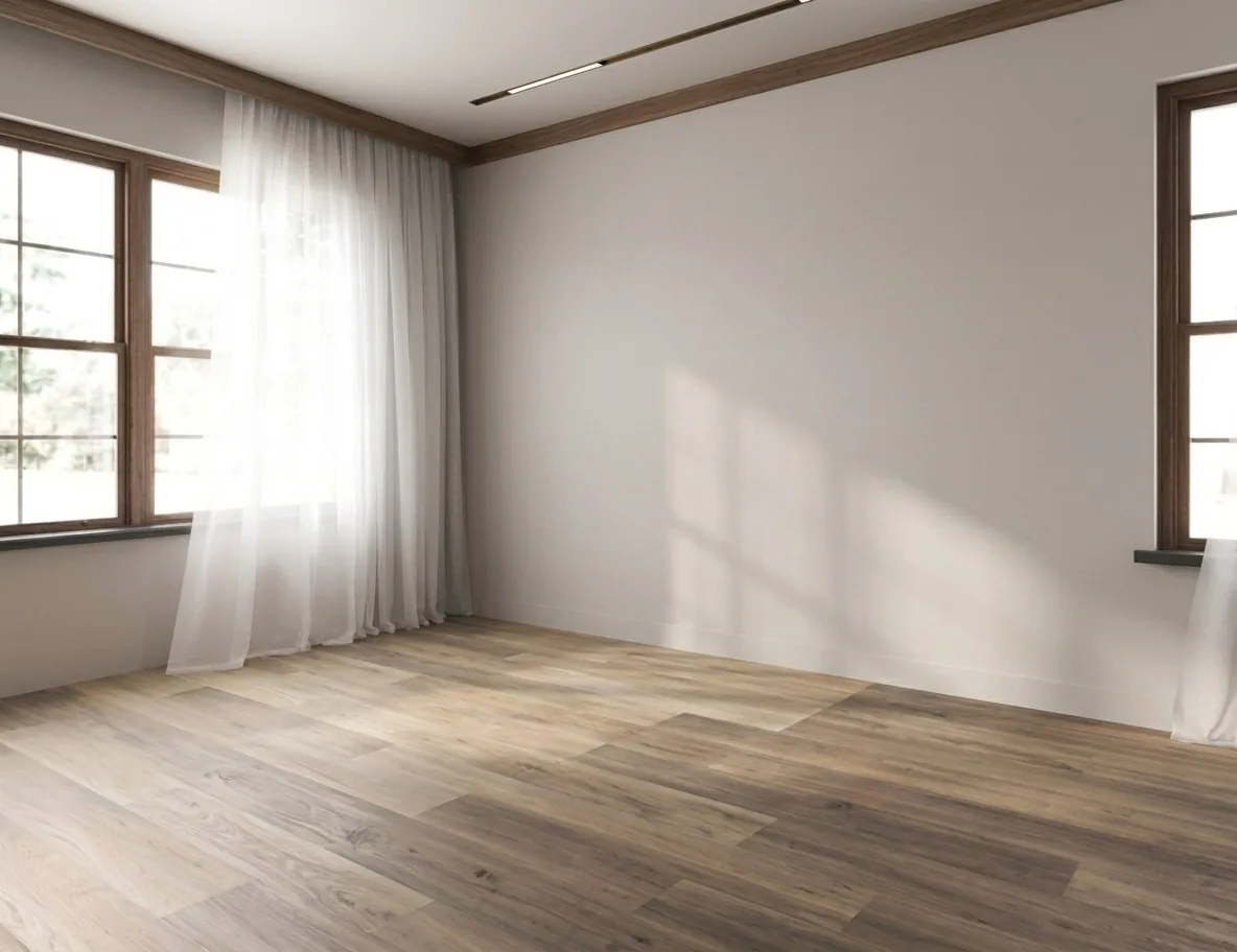 Empty home with walnut wood trim, large windows, and hardwood floors — starting point for complete home interior design