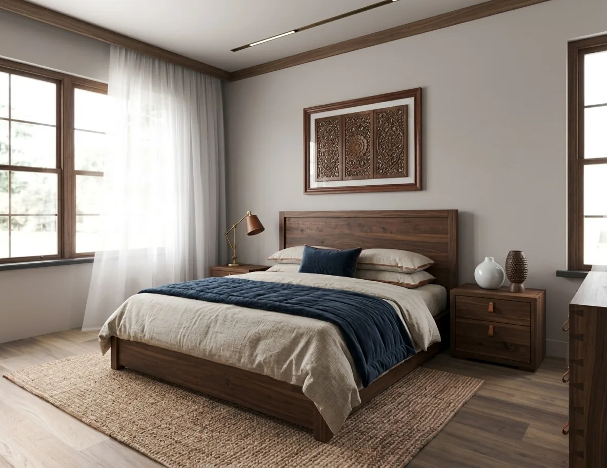 Dark walnut bedroom with platform bed, navy bedding, and carved wall art — luxury hotel-style home interior design