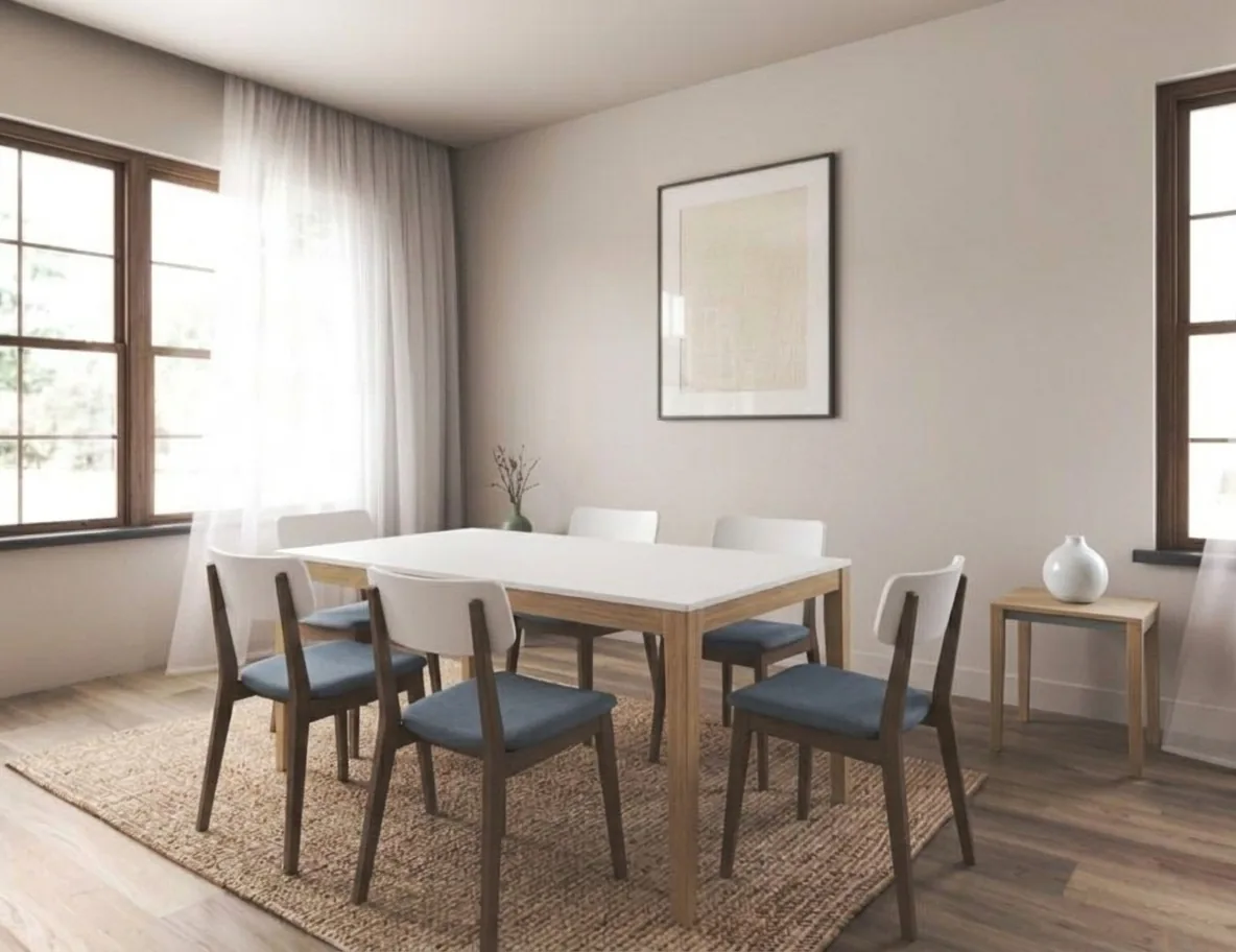Mid-century dining room with white table, navy accent chairs, and walnut legs — modern home interior design