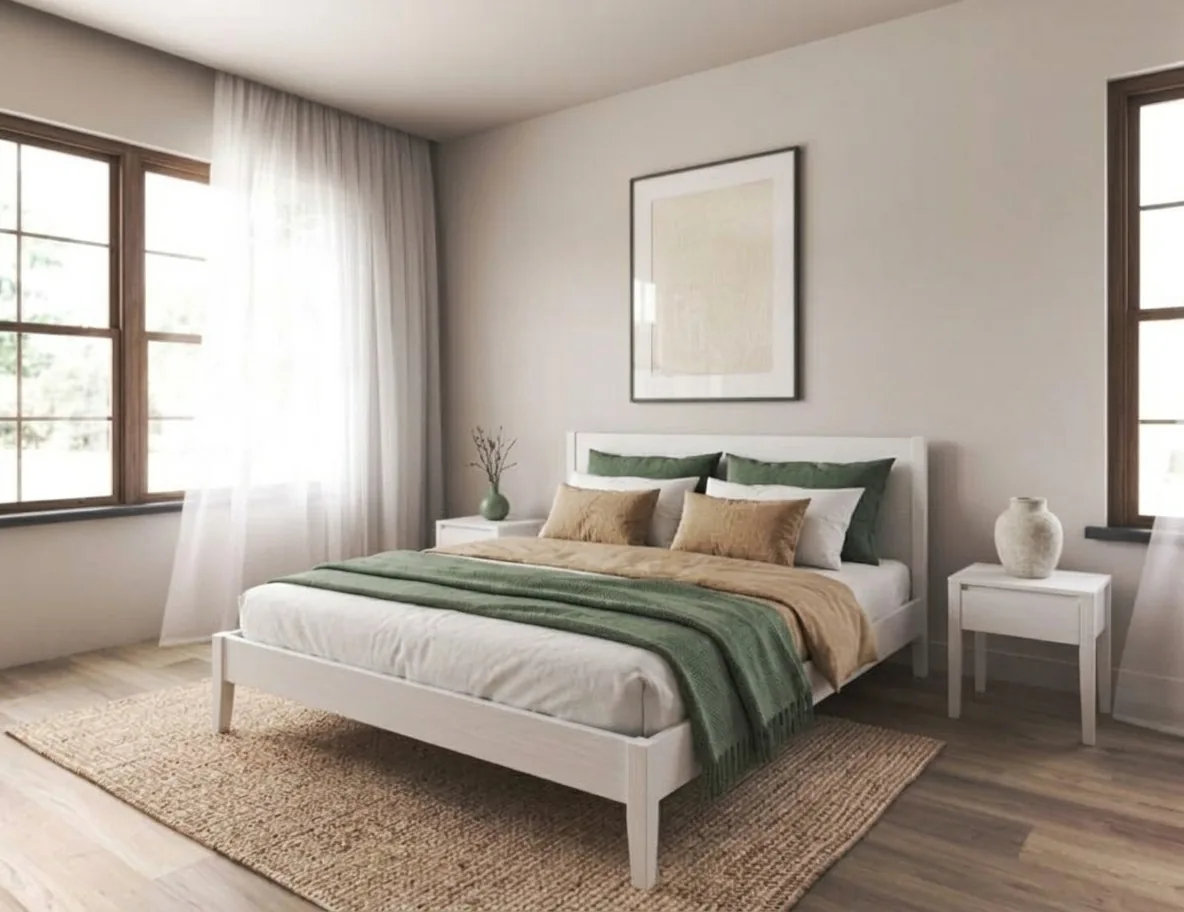Light Scandinavian bedroom with white bed frame, sage green accents, and natural linen — airy home interior design