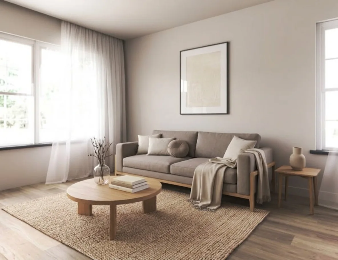 Modern minimalist living room with grey sofa, round coffee table, and clean lines — simple home interior design