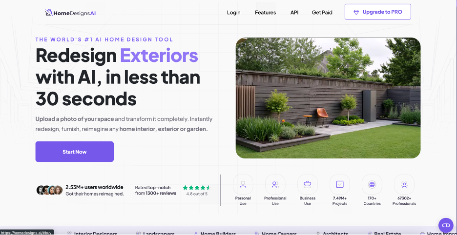 HomeDesigns AI homepage - redesign exteriors with AI in less than 30 seconds