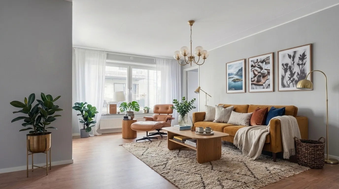 Airbnb living room staged in warm Scandinavian style, camel leather sofa, woven rug, Eames-style lounge chair, and gallery wall with plants