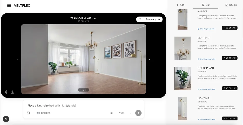MeltFlex AI room redesign tool, empty rental room uploaded and being redesigned with virtual furniture placement options