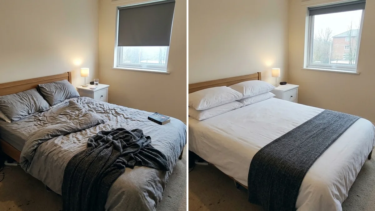 Airbnb bedroom staging before and after, the same rental bed and nightstand shown first with a lumpy grey duvet dragged to one side, dented pillows, a throw in a heap and the blind half down, then staged with crisp white hotel linens, symmetrical pillows, the throw folded in a band across the foot and the blind fully raised