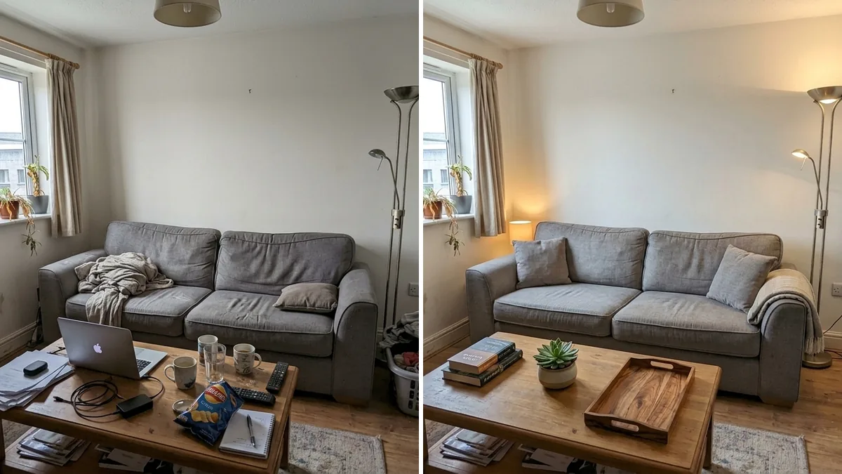 Airbnb living room staging before and after, the same rental sofa and coffee table shown first with a laptop, mugs, papers and a laundry basket cluttering the room and the lamps off, then staged with the table cleared to a plant, books and a tray, cushions plumped, a throw folded over the sofa arm and both lamps switched on