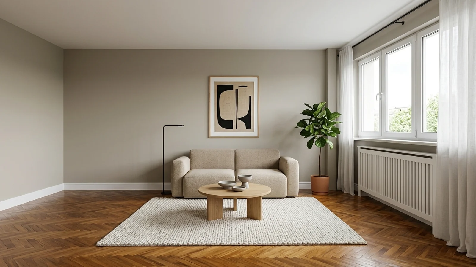 After renovation AI preview of the same room: warm greige walls, modern white radiator cover, refinished herringbone parquet, beige sofa, oak coffee table, and sheer curtains
