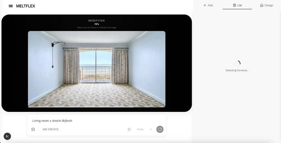 MeltFlex AI renovation visualization tool, empty room photo uploaded for AI-powered room redesign with style selection