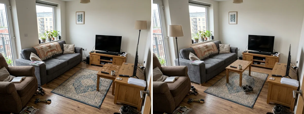 The same living room before and after AI rearranged the existing furniture: on the left the grey sofa is pushed against the wall with a small unanchored rug, on the right the same sofa, armchair, rug, and coffee table form a conversation area with clear walking paths