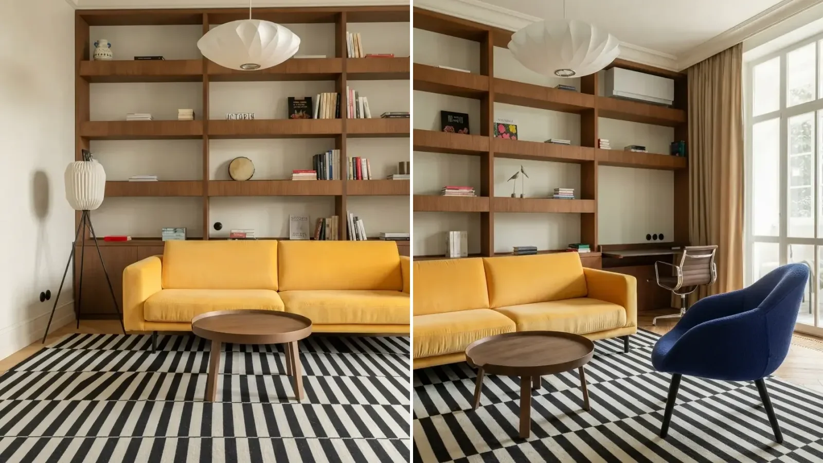 Classic Parisian apartment living room designed in MeltFlex, vintage yellow sofa and graphic black and white striped rug, two angles