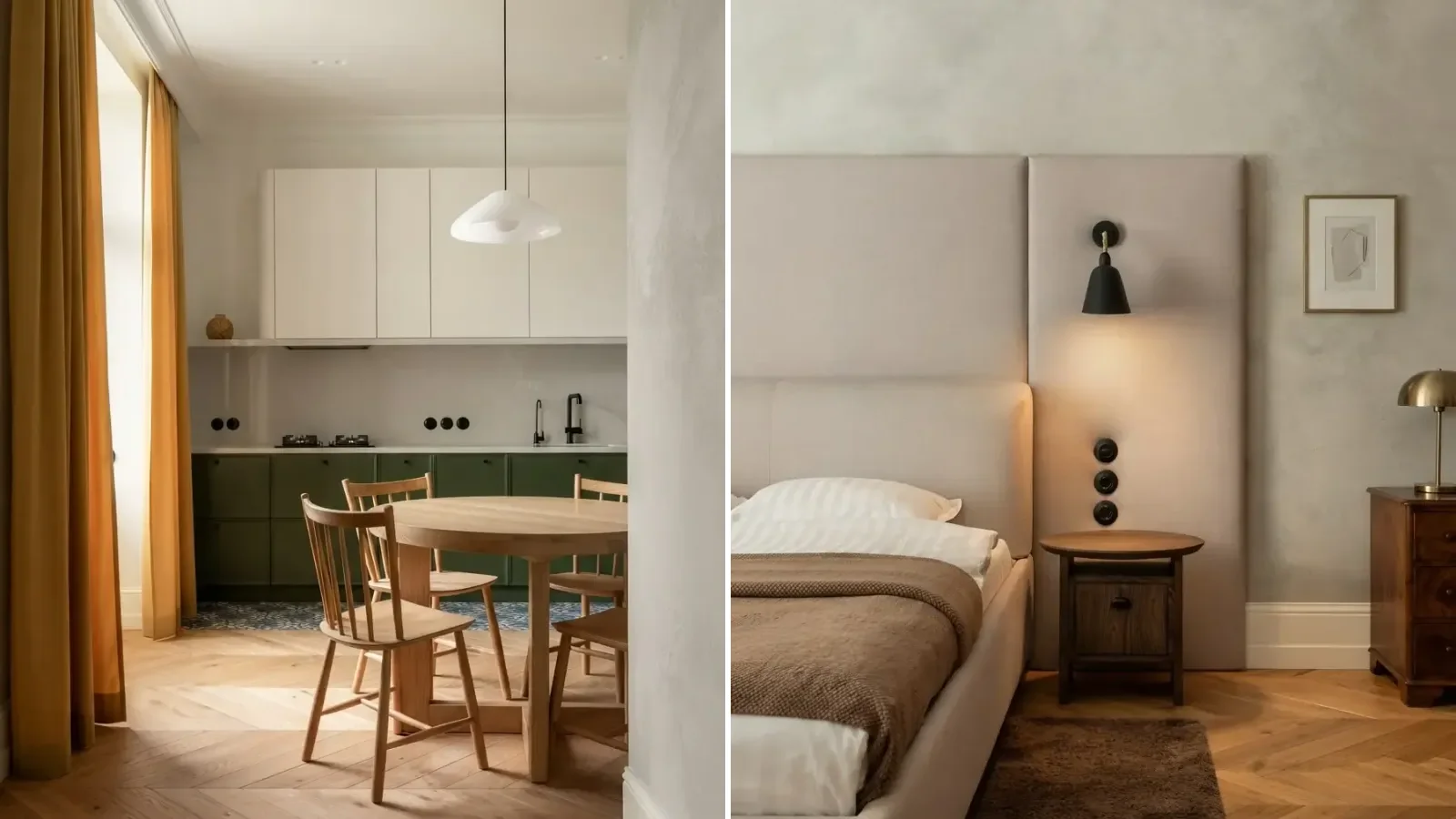 Kitchen and bedroom of the same Parisian apartment renovation, green cabinetry, herringbone floors and mustard curtains