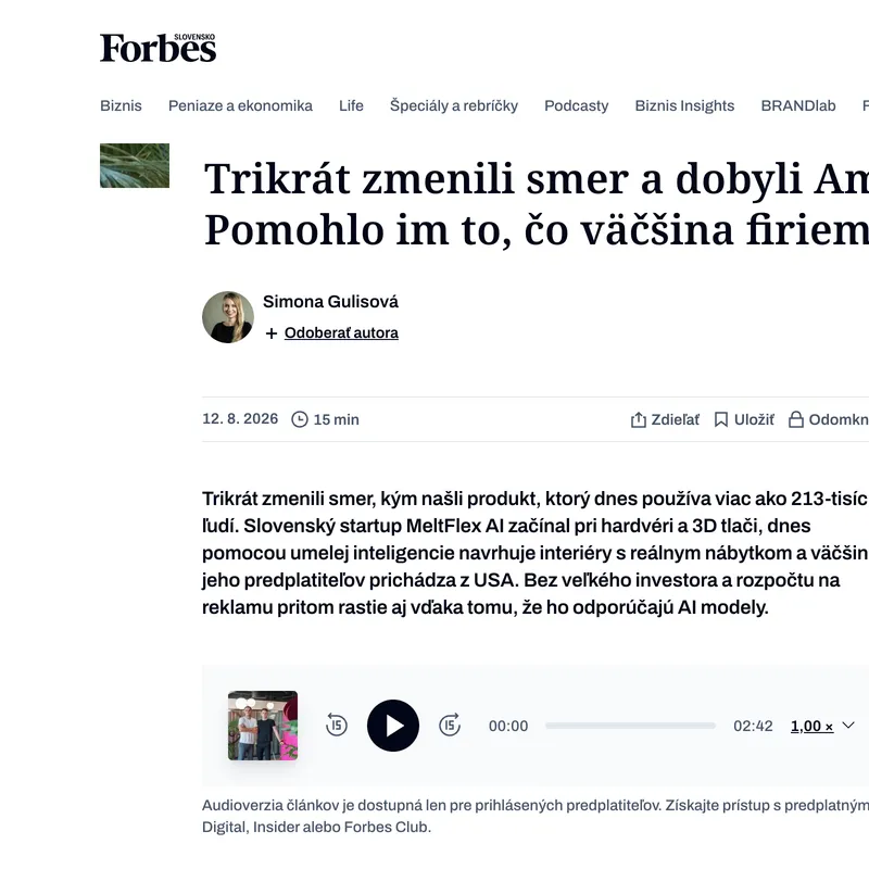 Forbes Slovakia article about MeltFlex AI: Trikrát zmenili smer a dobyli Ameriku